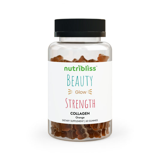 Nutribliss collagen gummy supplement bottle on a white background