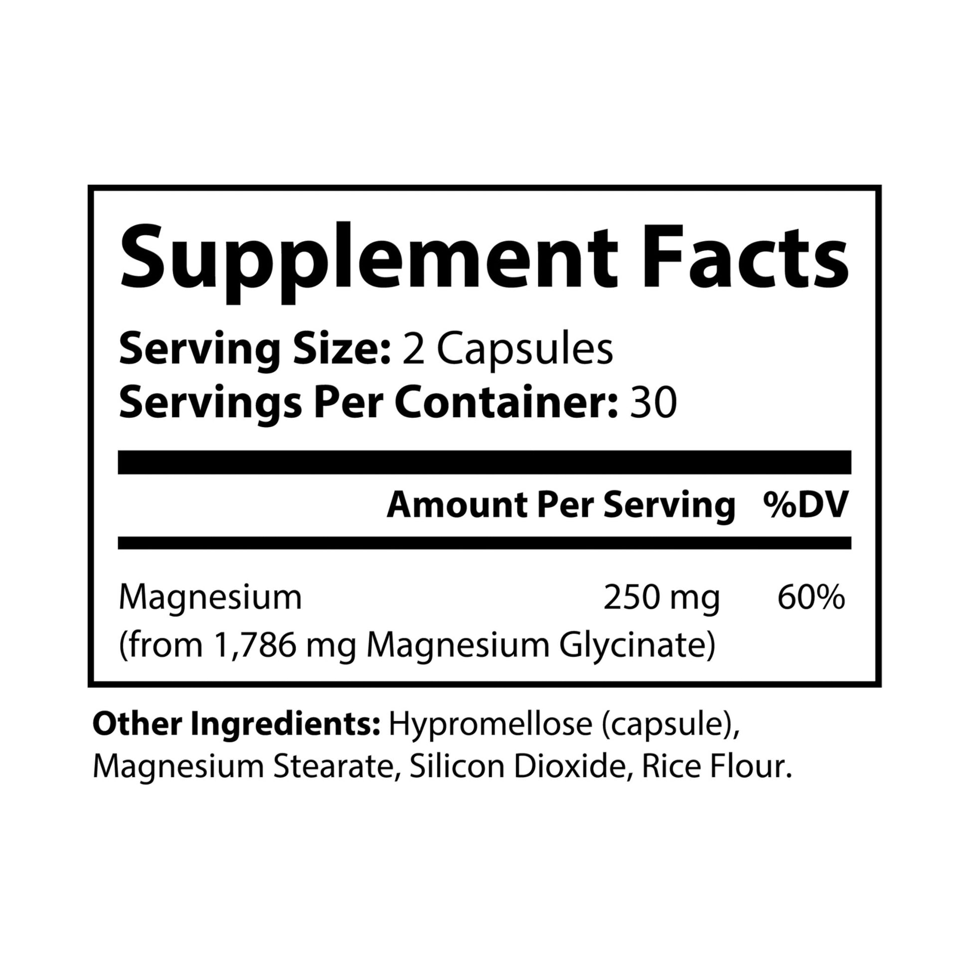 Supplement facts label Nutribliss Magnesium Glycinate Supplement (60 Capsules)