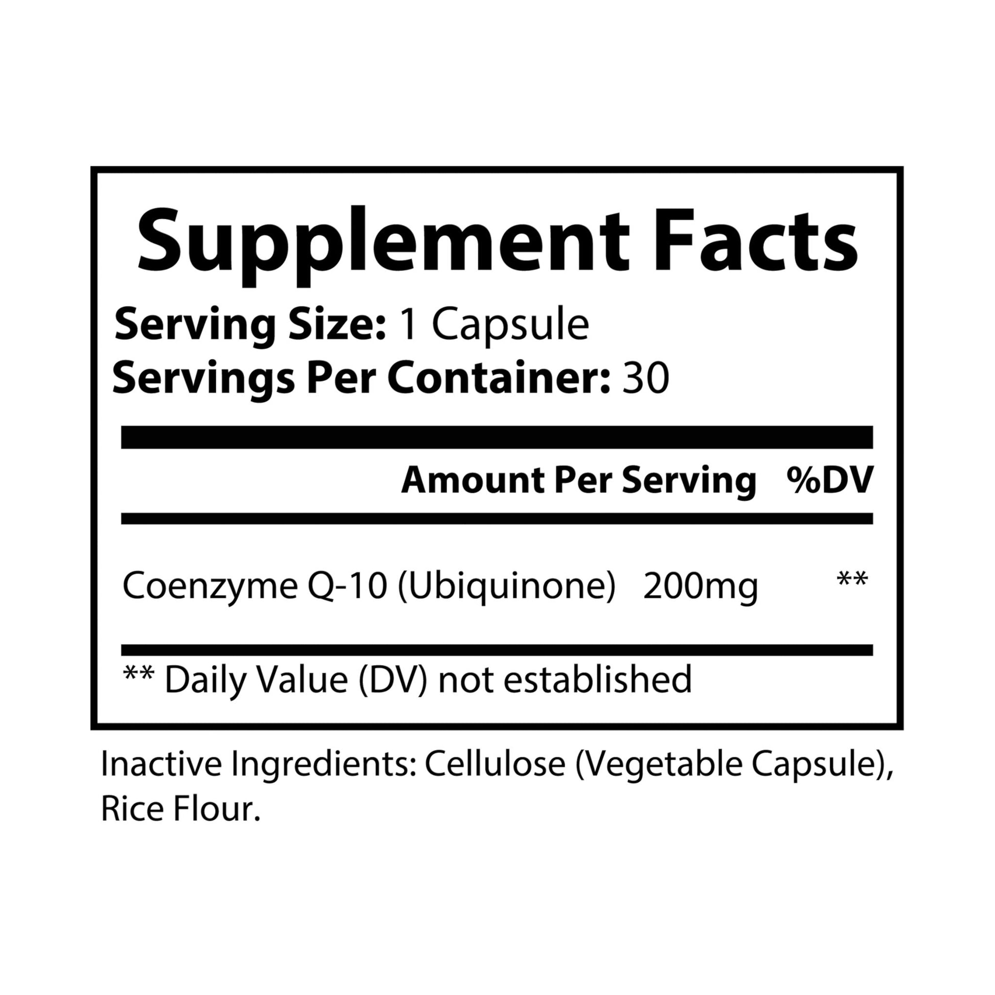 Supplement facts label for Nutribliss CoQ10 Ubiquinone | Antioxidant & Cardiovascular Support (30 Capsules)