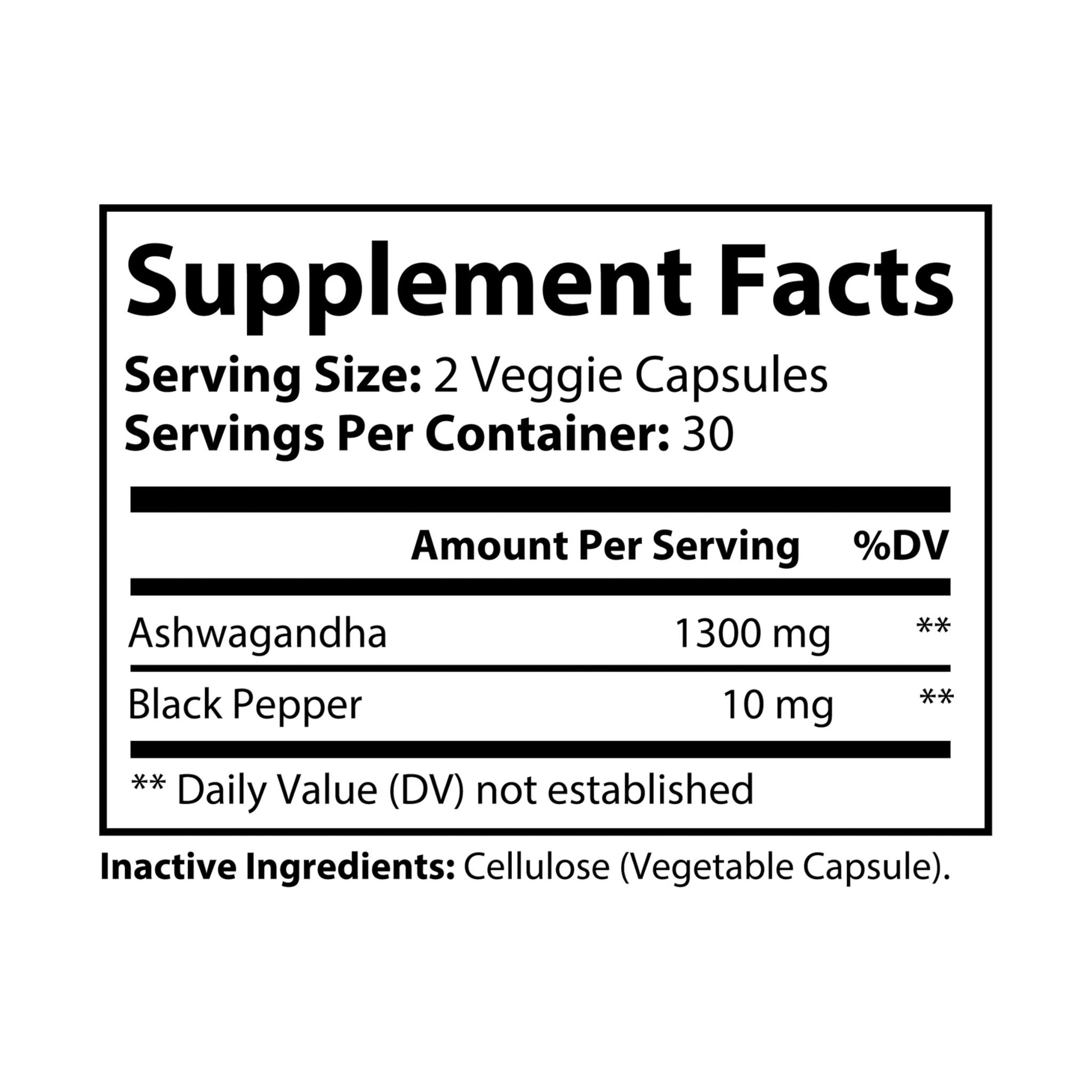 Supplement facts label with Ashwagandha and Black Pepper on a white background. Nutribliss Ashwagandha and Black Pepper Supplement (60 capsules)