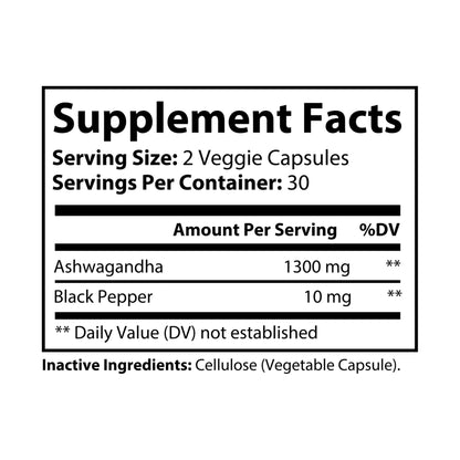 Supplement facts label with Ashwagandha and Black Pepper on a white background. Nutribliss Ashwagandha and Black Pepper Supplement (60 capsules)