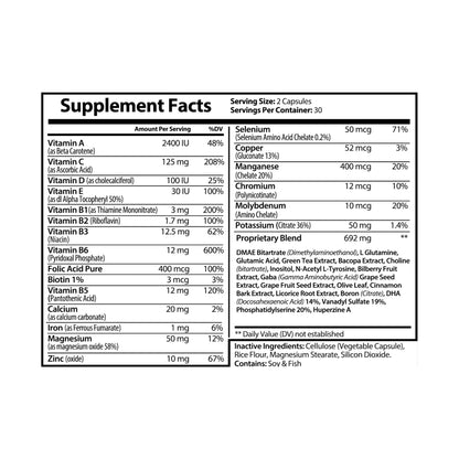 Supplement facts label with detailed nutritional information. Nutribliss Advanced Brain Formula | Cognitive & Memory Support Supplement