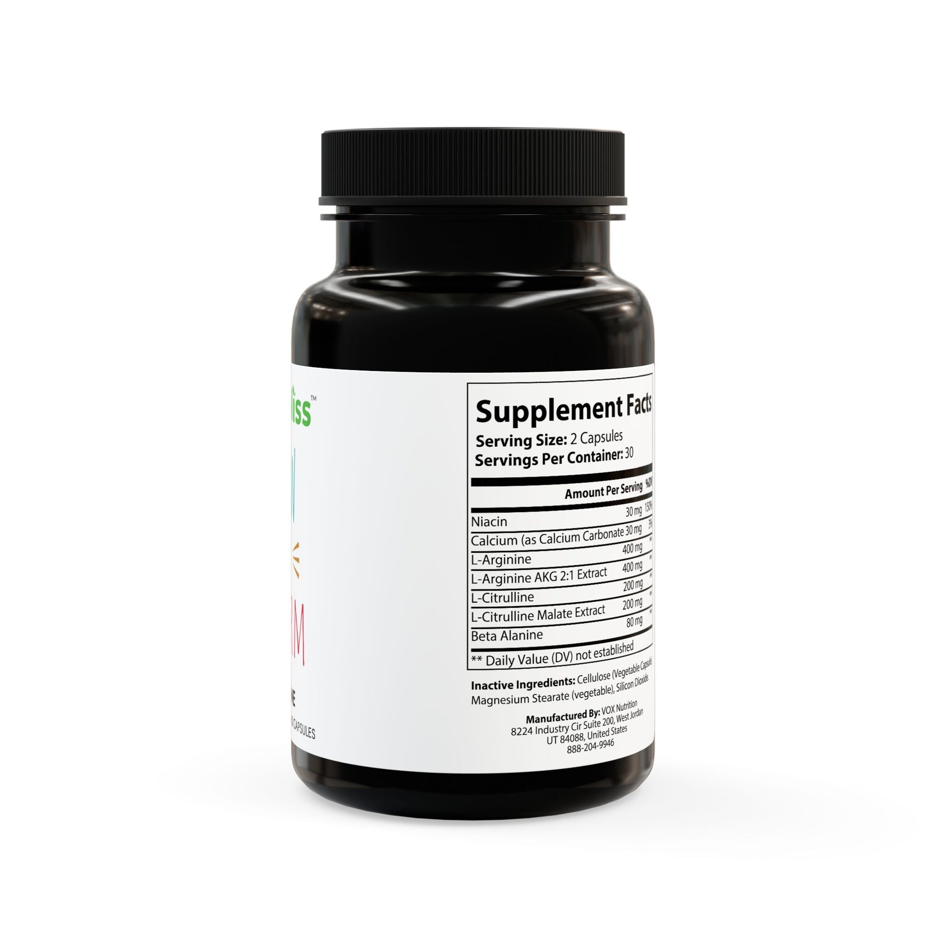 Black supplement bottle with white label on a white background