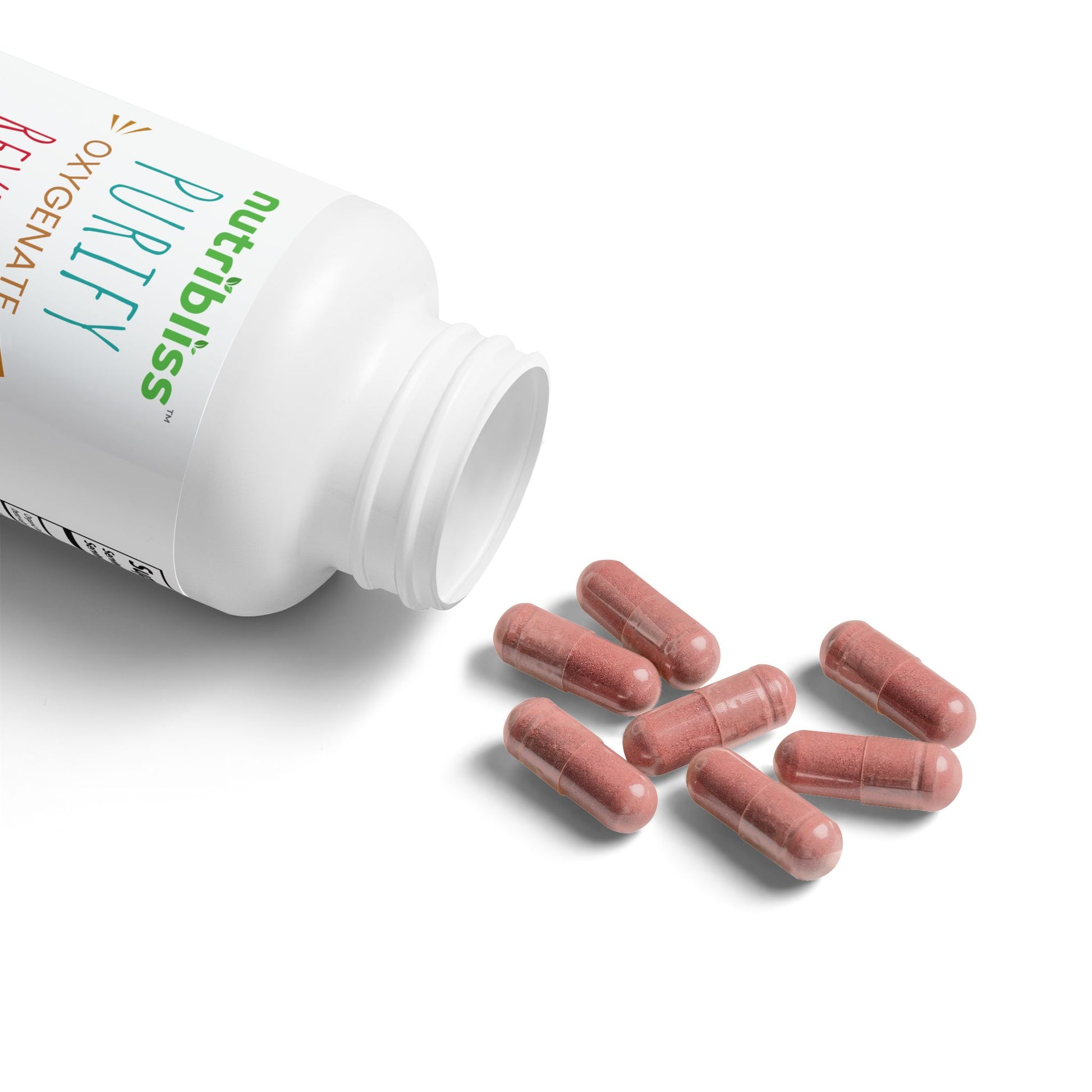 Supplement bottle with red capsules. Nutribliss Organic Beetroot Supplement (60 Capsules)
