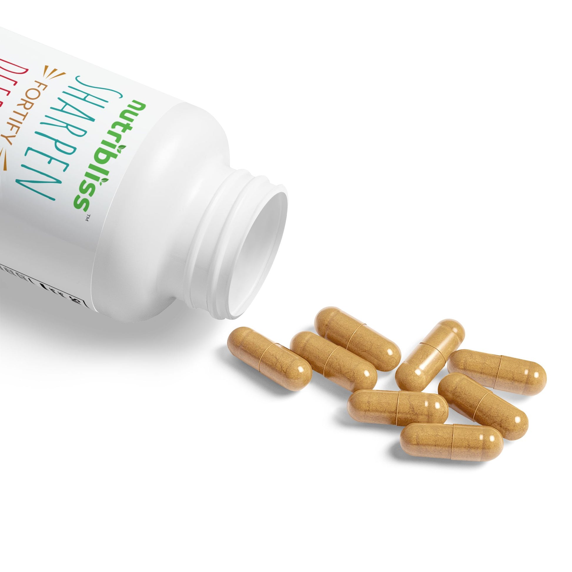 Nutribliss Mushroom Blend Supplement (60 Capsules) capsules spilling out on a white background