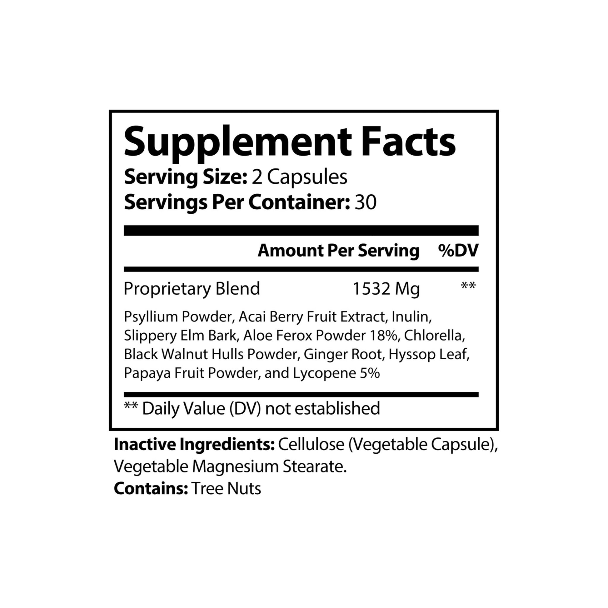 Supplement facts label with detailed ingredient list for Nutribliss Acai Berry Complex Colon Cleanse & Detox Supplement