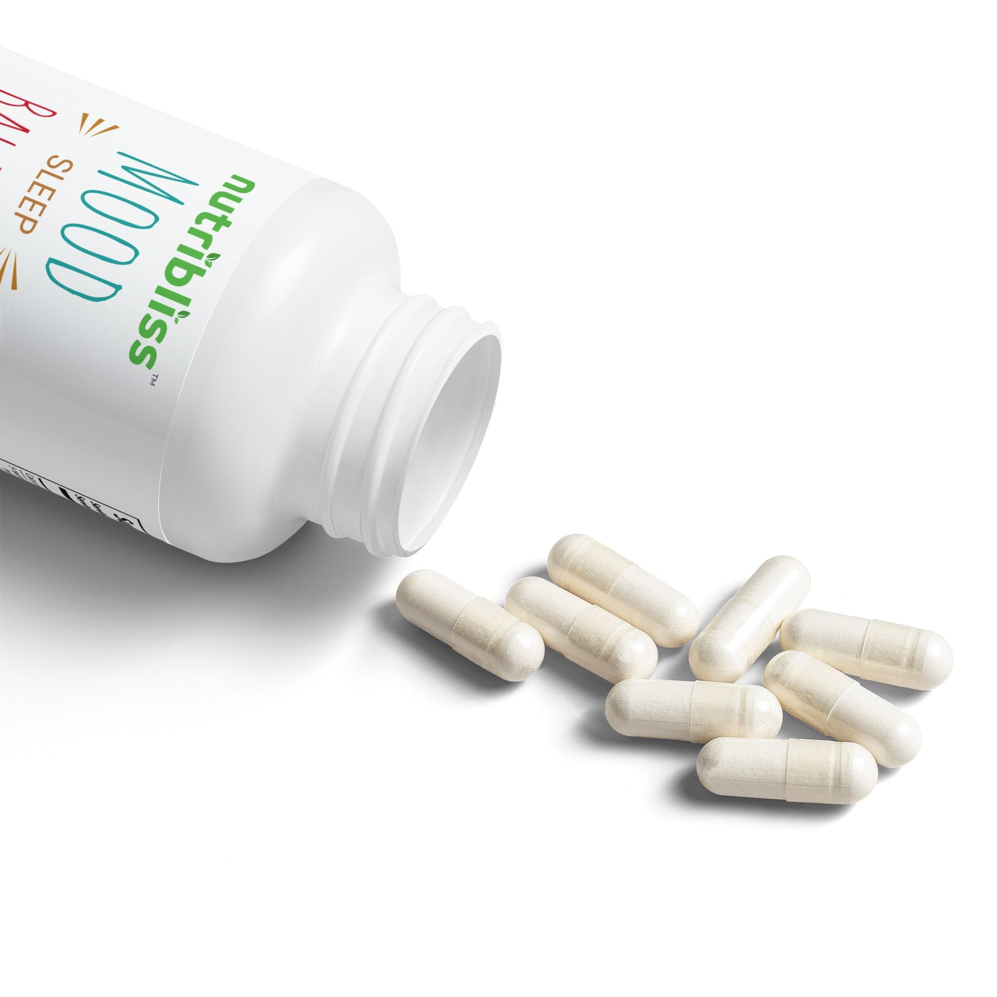Nutribliss 5-HTP Supplement (60 Capsules) with scattered capsules on a white background