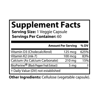 Supplement facts label for Nutribliss Vitamin K2 + D3 Supplement with BioPerine ® (60 Capsules)