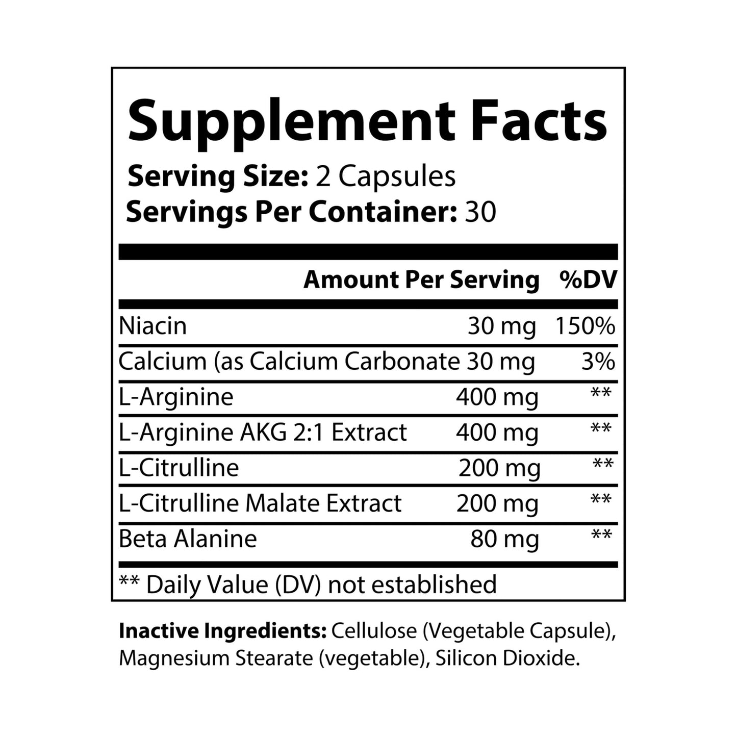 Supplement facts label with detailed nutritional information Nutribliss L-Arginine Supplement (60 Capsules)