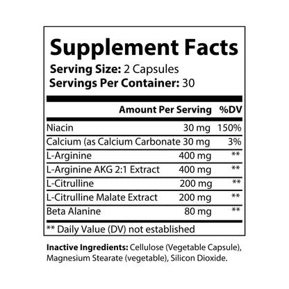Supplement facts label with detailed nutritional information Nutribliss L-Arginine Supplement (60 Capsules)
