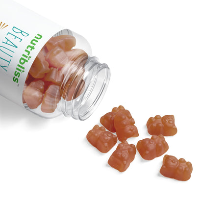 Clear container with gummy bears spilling out, branded 'nutribliss' on a white background