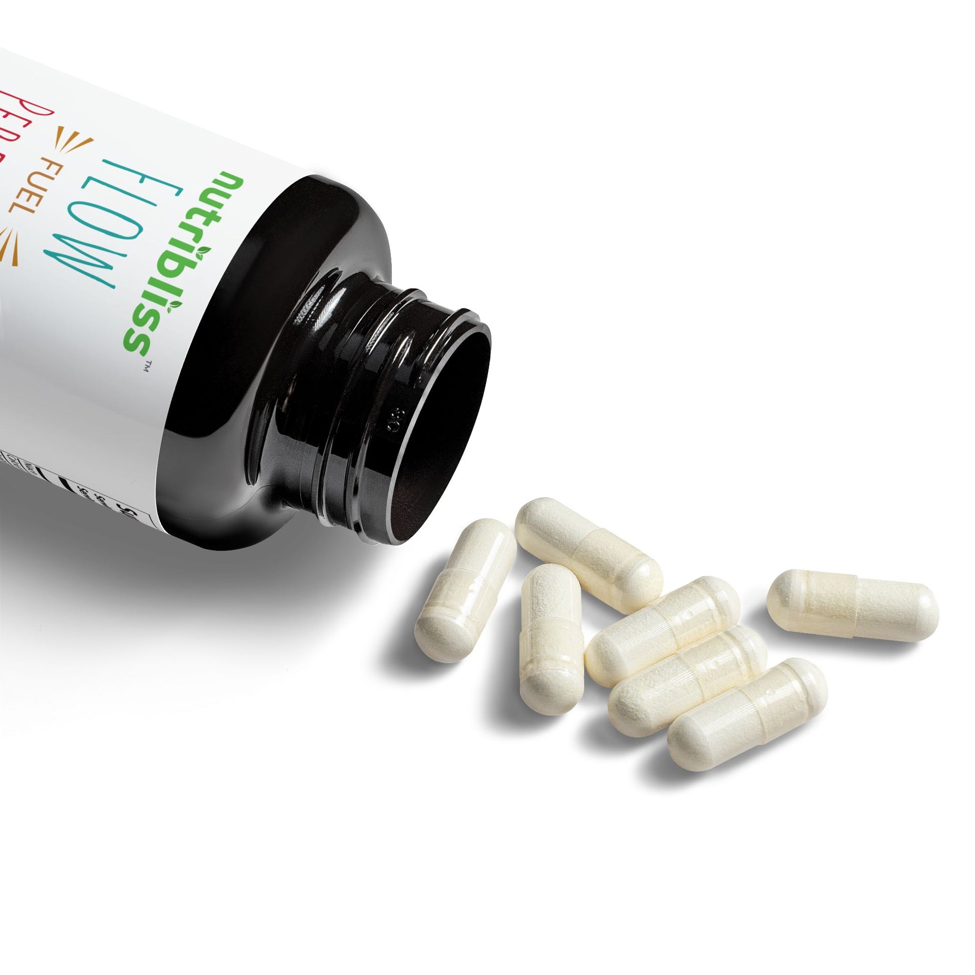 Nutribliss L-Arginine Supplement (60 Capsules) bottle with white capsules spilling out on a white background