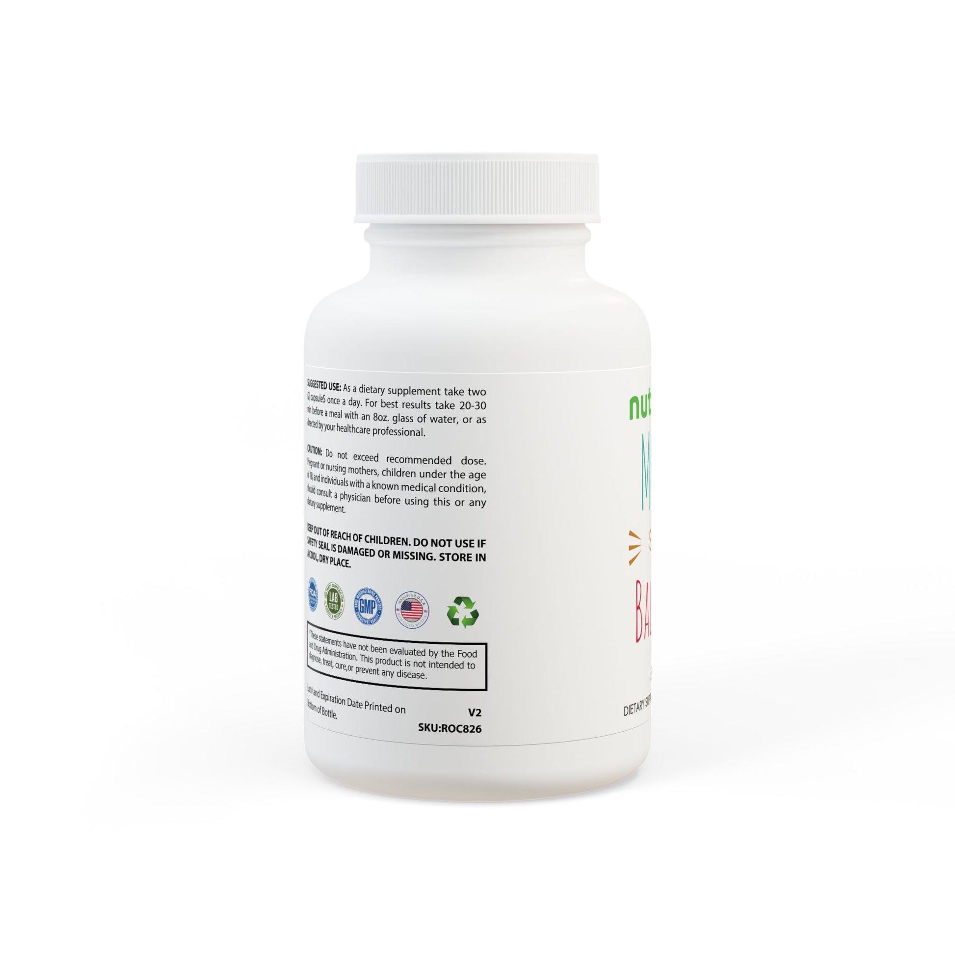 Supplement bottle with label on a white background