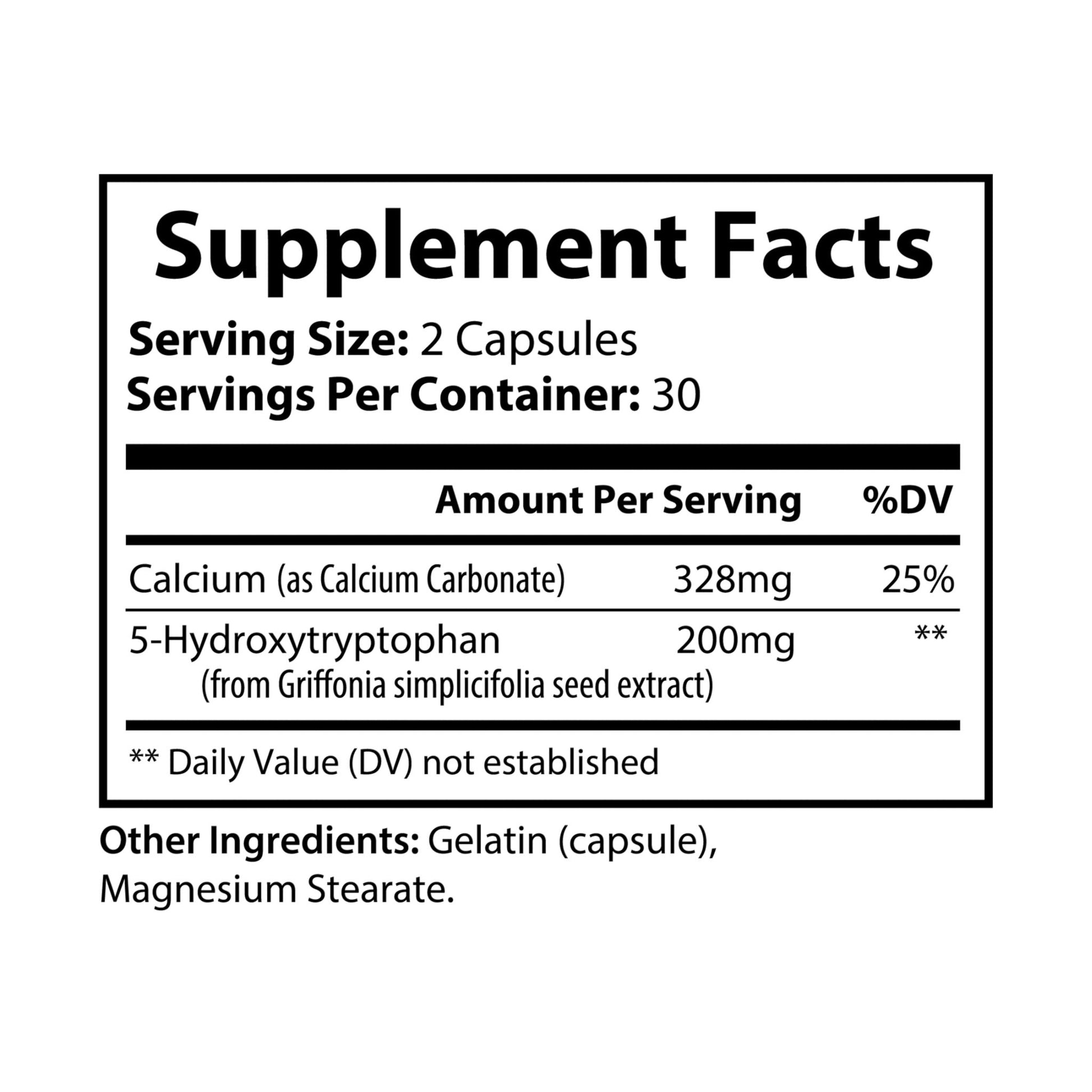 Supplement facts label with detailed nutritional information of Nutribliss 5-HTP Supplement (60 Capsules)