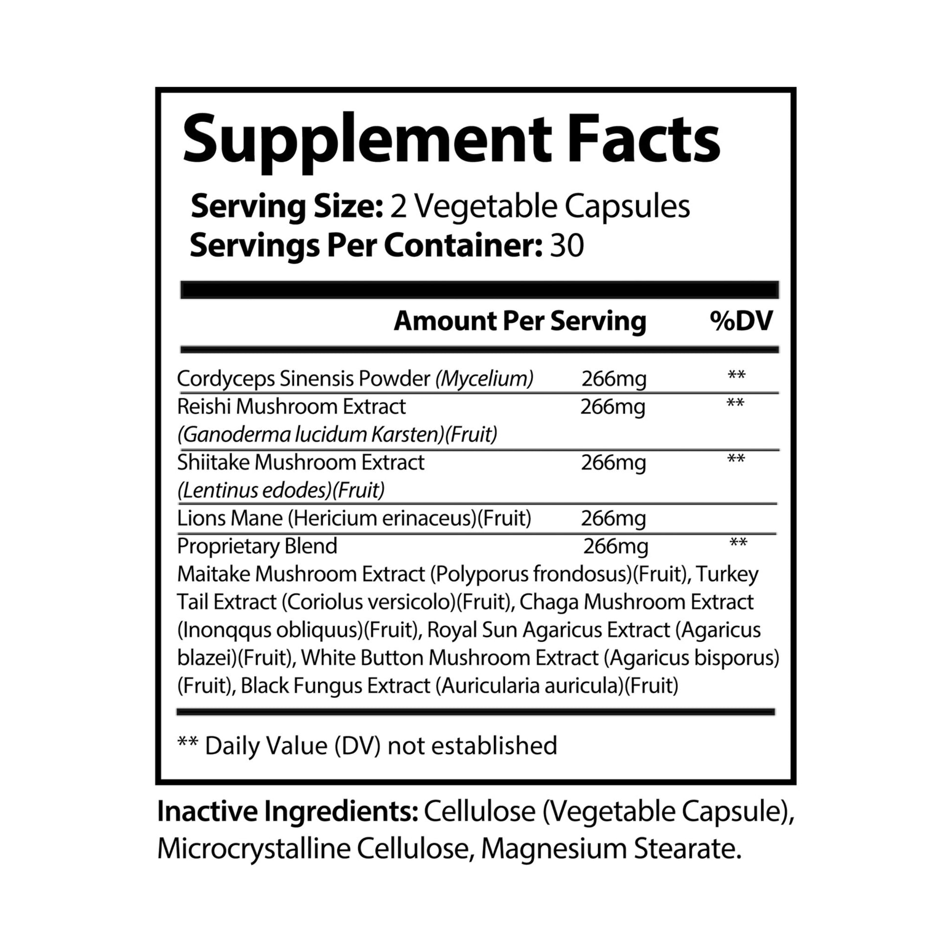 Supplement facts label of Nutribliss Mushroom Blend Supplement (60 Capsules)