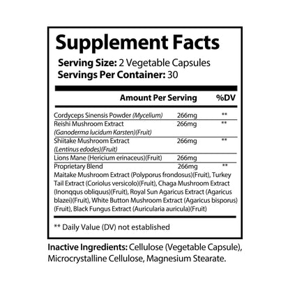 Supplement facts label of Nutribliss Mushroom Blend Supplement (60 Capsules)