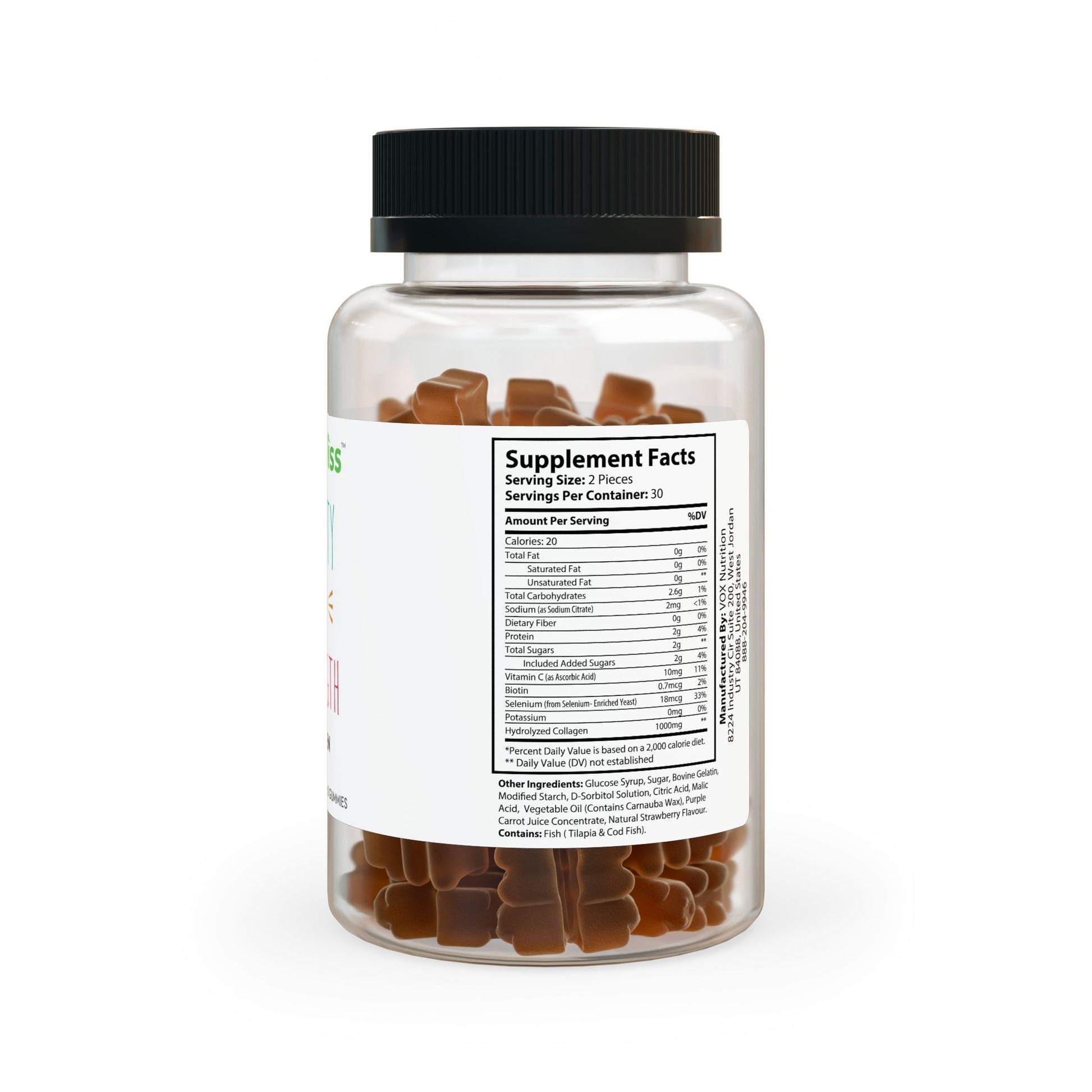 Bottle of gummy supplements with a label showing supplement facts on a white background