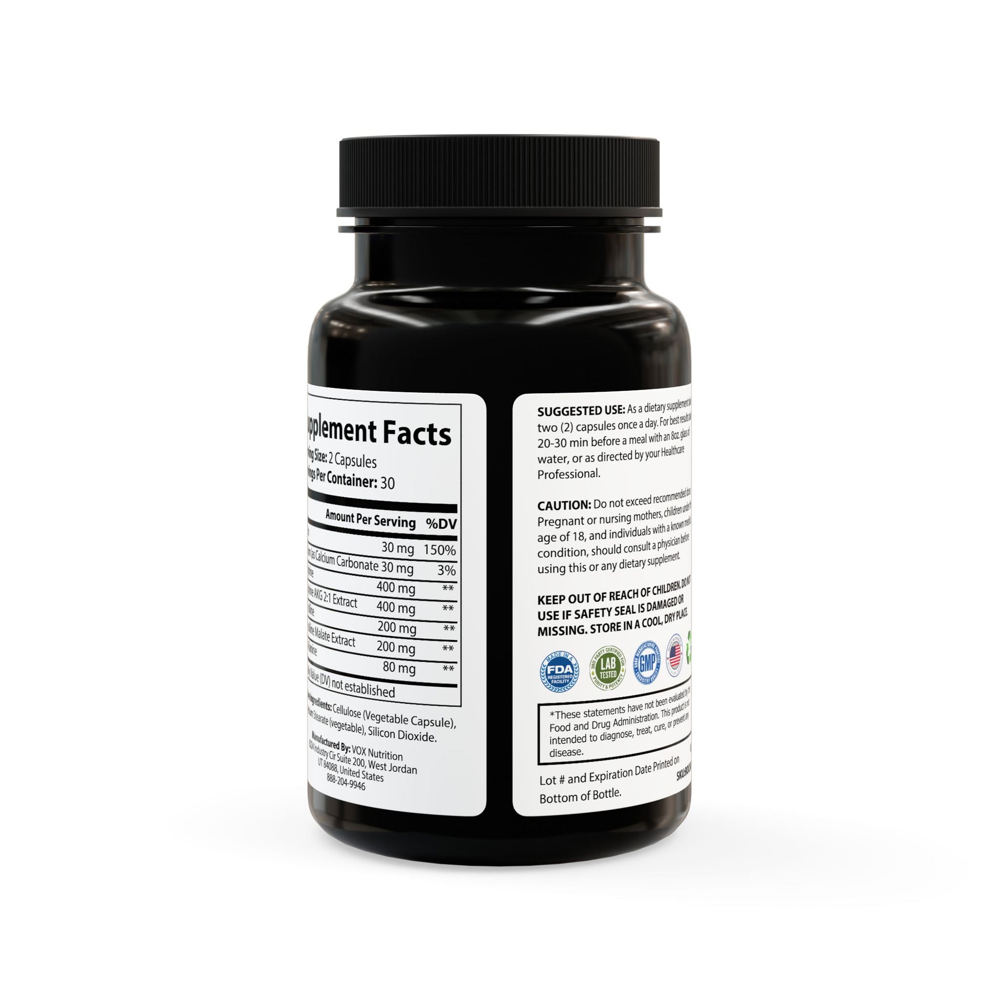 Black supplement bottle with label on a white background