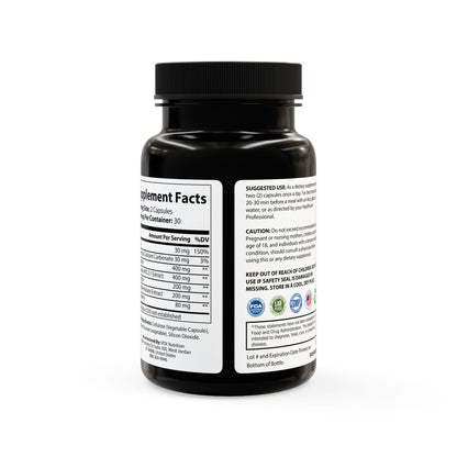 Black supplement bottle with label on a white background
