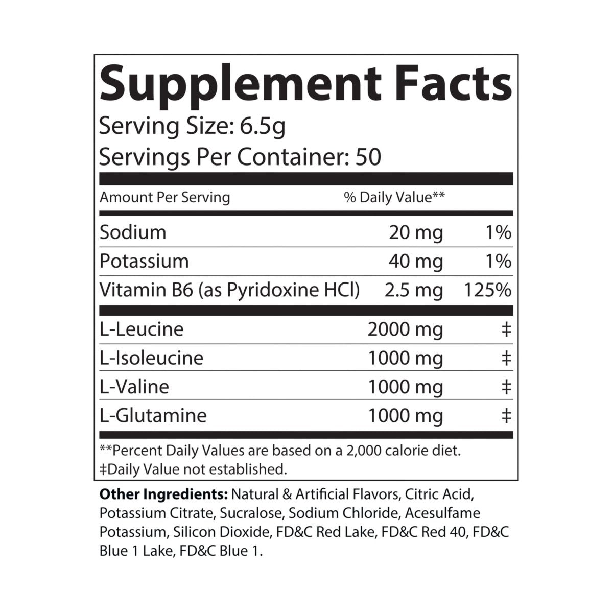 Nutribliss BCAA Supplement Facts Label, Grape (325g, 11.46oz, 50 servings)
