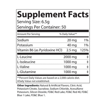 Nutribliss BCAA Supplement Facts Label, Grape (325g, 11.46oz, 50 servings)