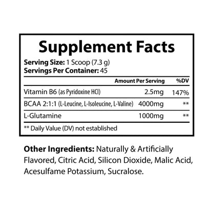 Nutribliss BCAA Supplement Facts Label, WaterMelon (325g, 11.46oz, 50 servings)