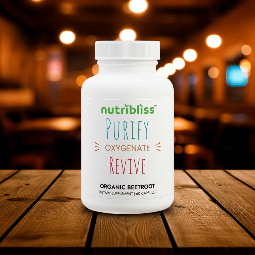 Nutribliss Beetroot supplement bottle on a wooden table with a blurred indoor background