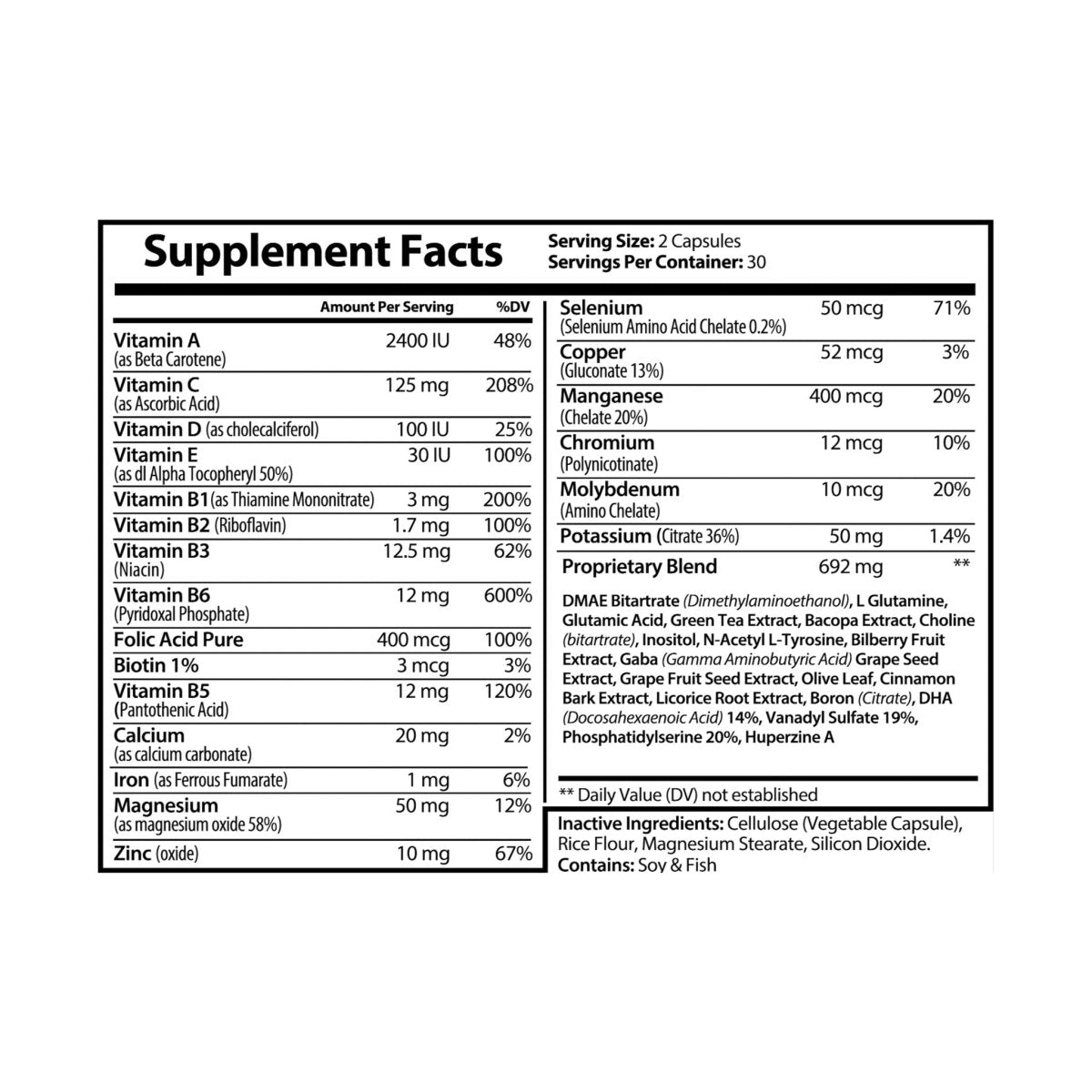 Nutribliss Brain Support Complex Supplement Fact Label