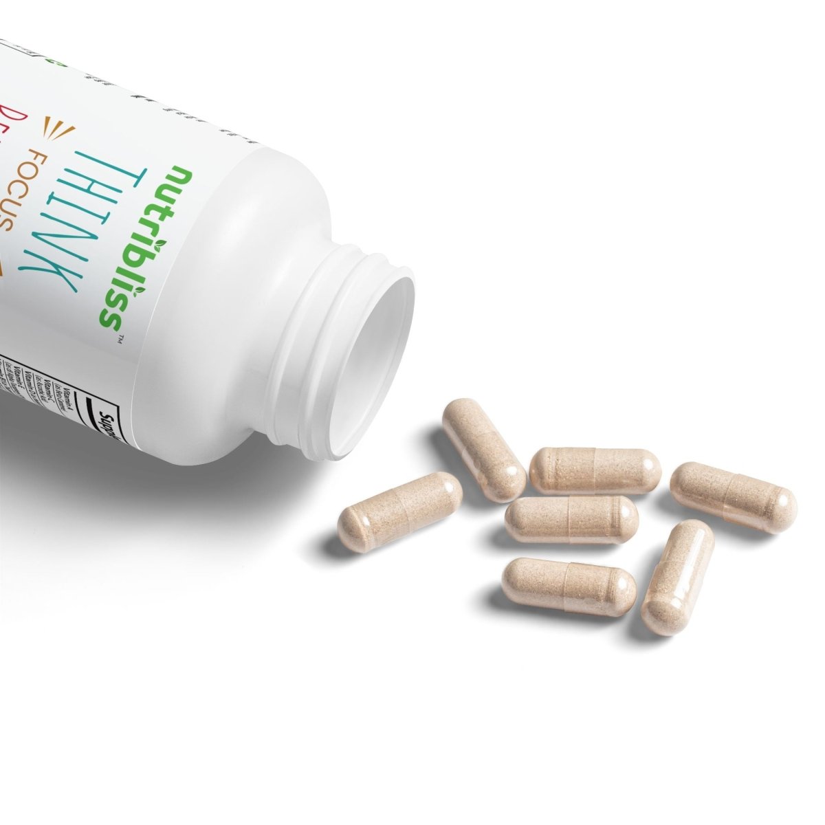Nutribliss Brain Support Complex Supplement bottle open with capsules out