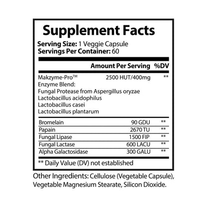 Nutribliss Digestive Enzyme Blend with Makzyme-Pro™ Supplement Facts Label