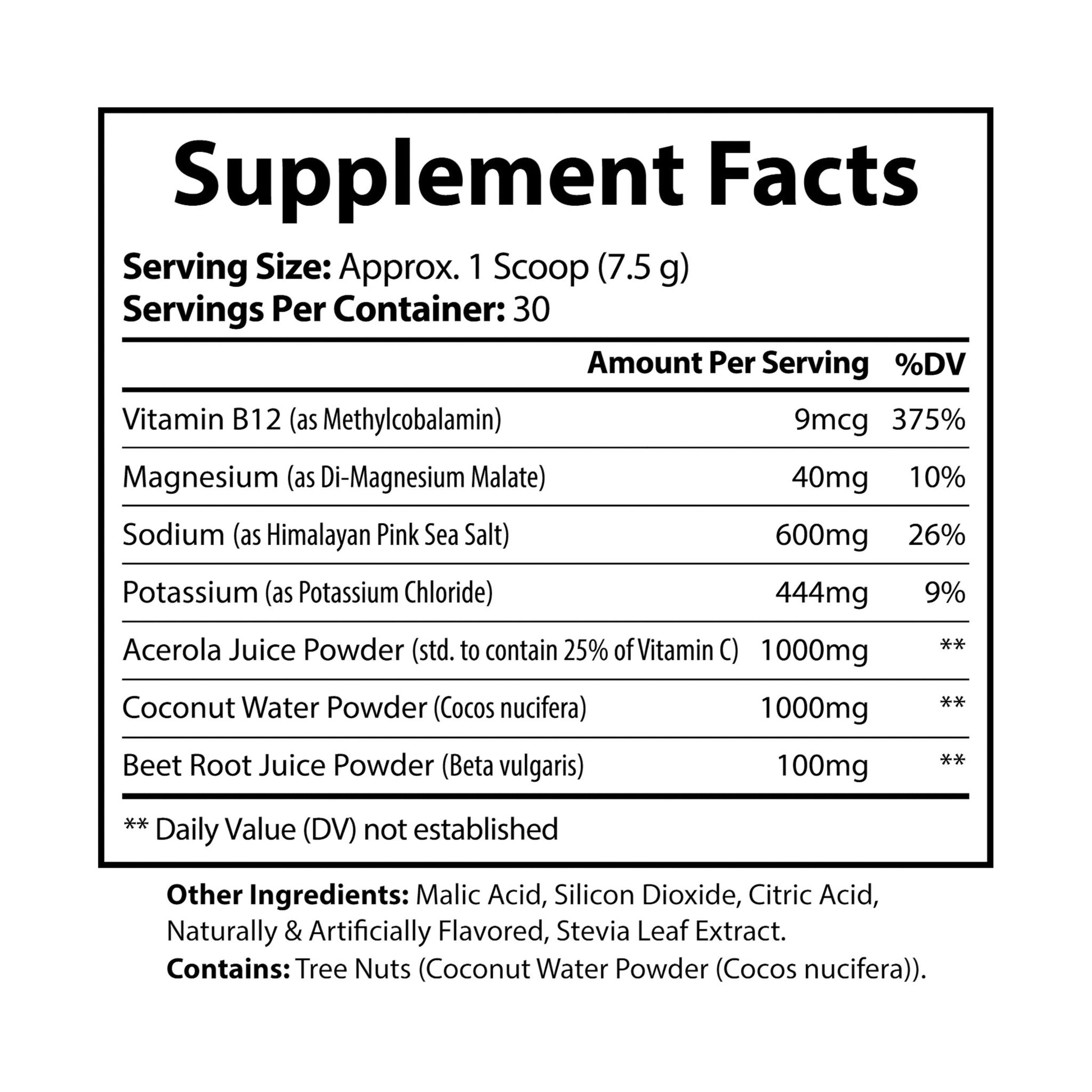 Nutribliss ION + Select Electrolyte Rapid Hydration Supplement Facts Label (225g, 7.9oz)