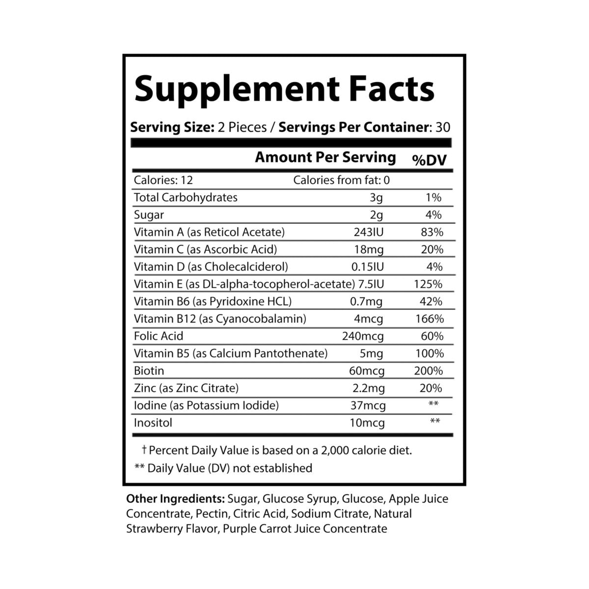 Nutribliss Multivitamin Gummies for Adults Supplement Facts Label