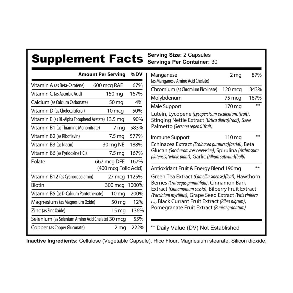 Nutribliss Multivitamin for Men Supplement Fact Label