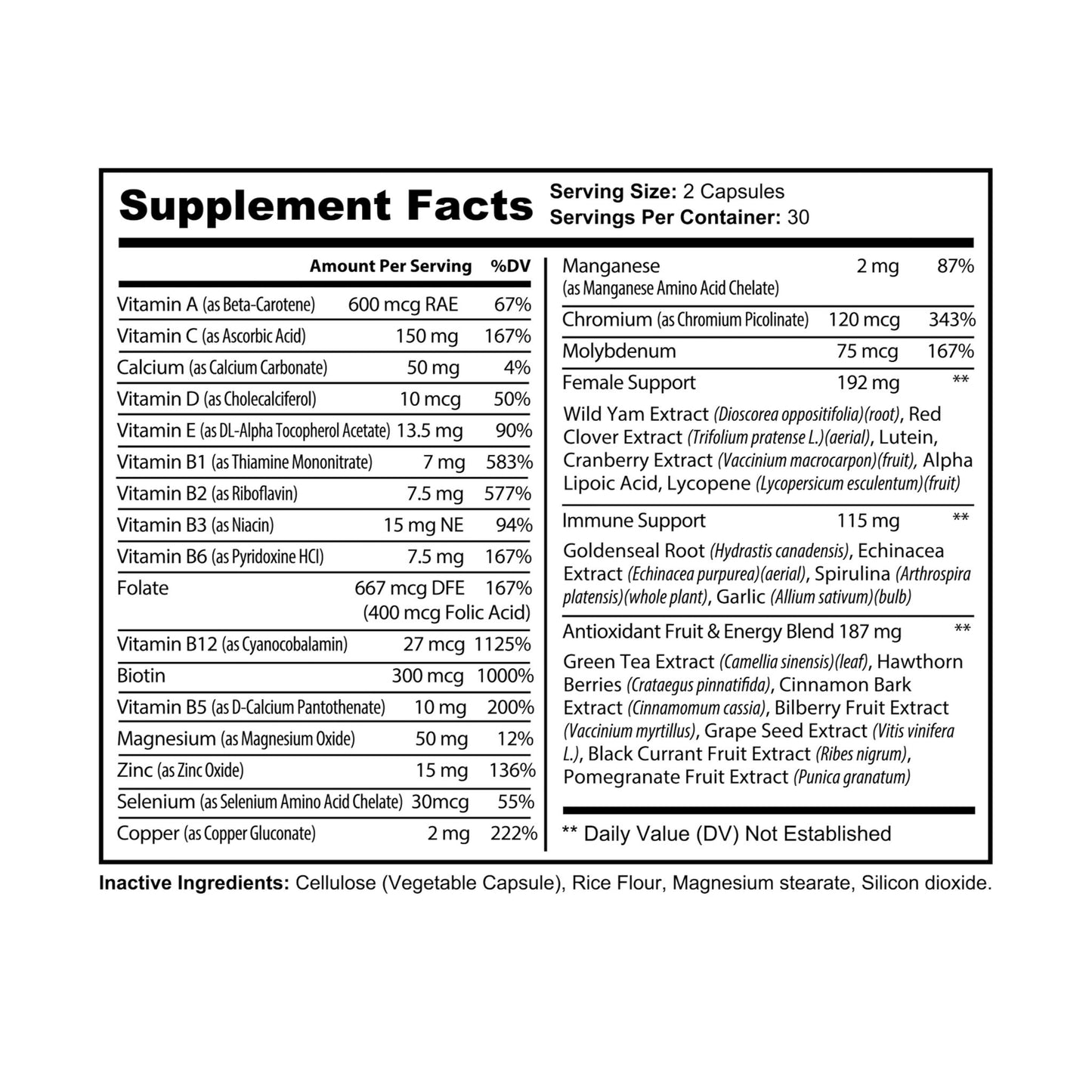 Nutribliss Multivitamin for Women Supplement Fact Label