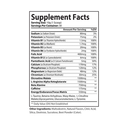 Nutribliss Pre-Workout Supplement Facts Label, Watermelon (300g, 10.58oz)