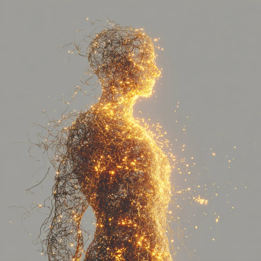 Artistic depiction of a human figure made of glowing golden particles on a gray background